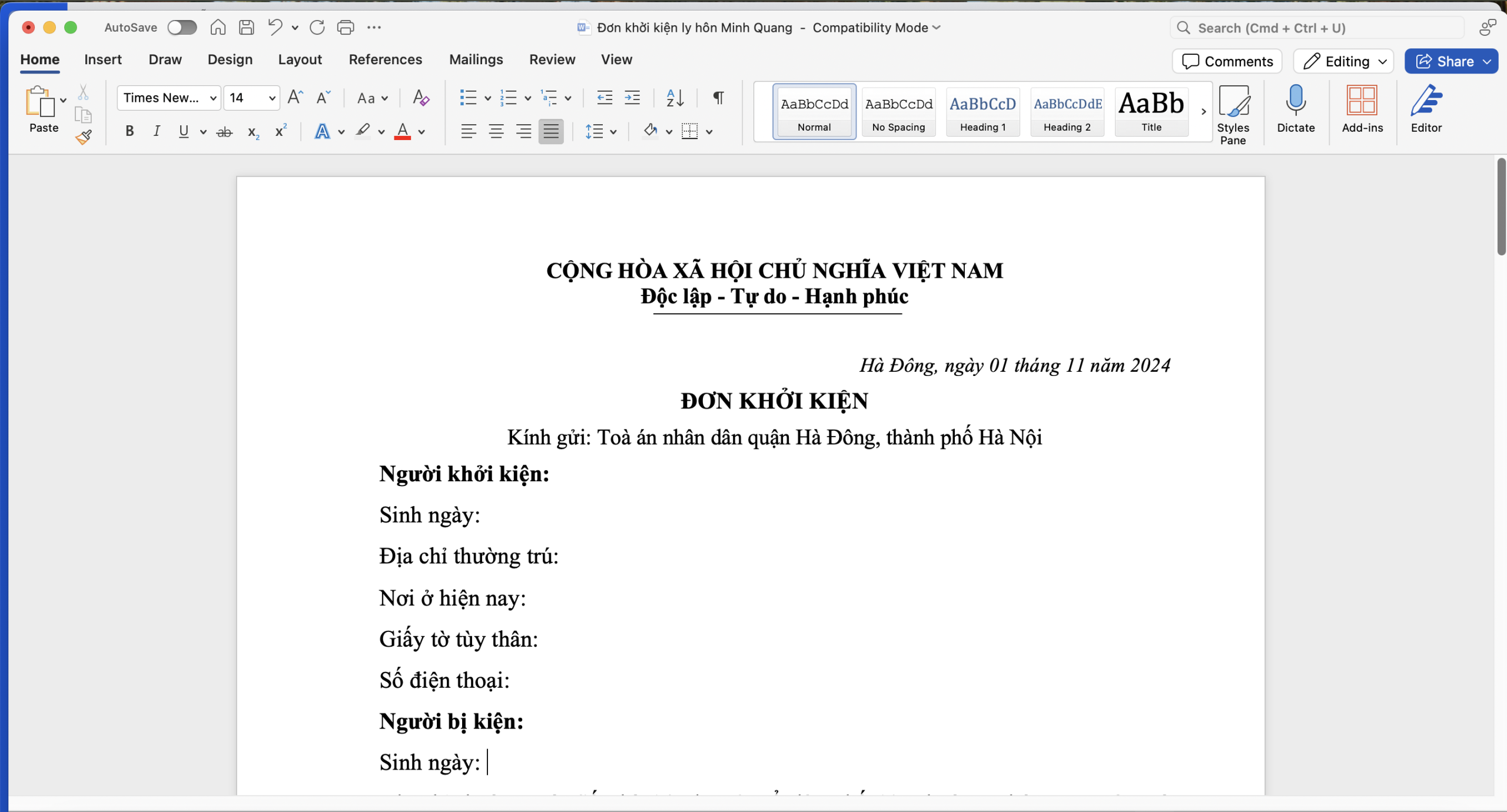 Đơn khởi kiện chồng ngoại tình để ly hôn