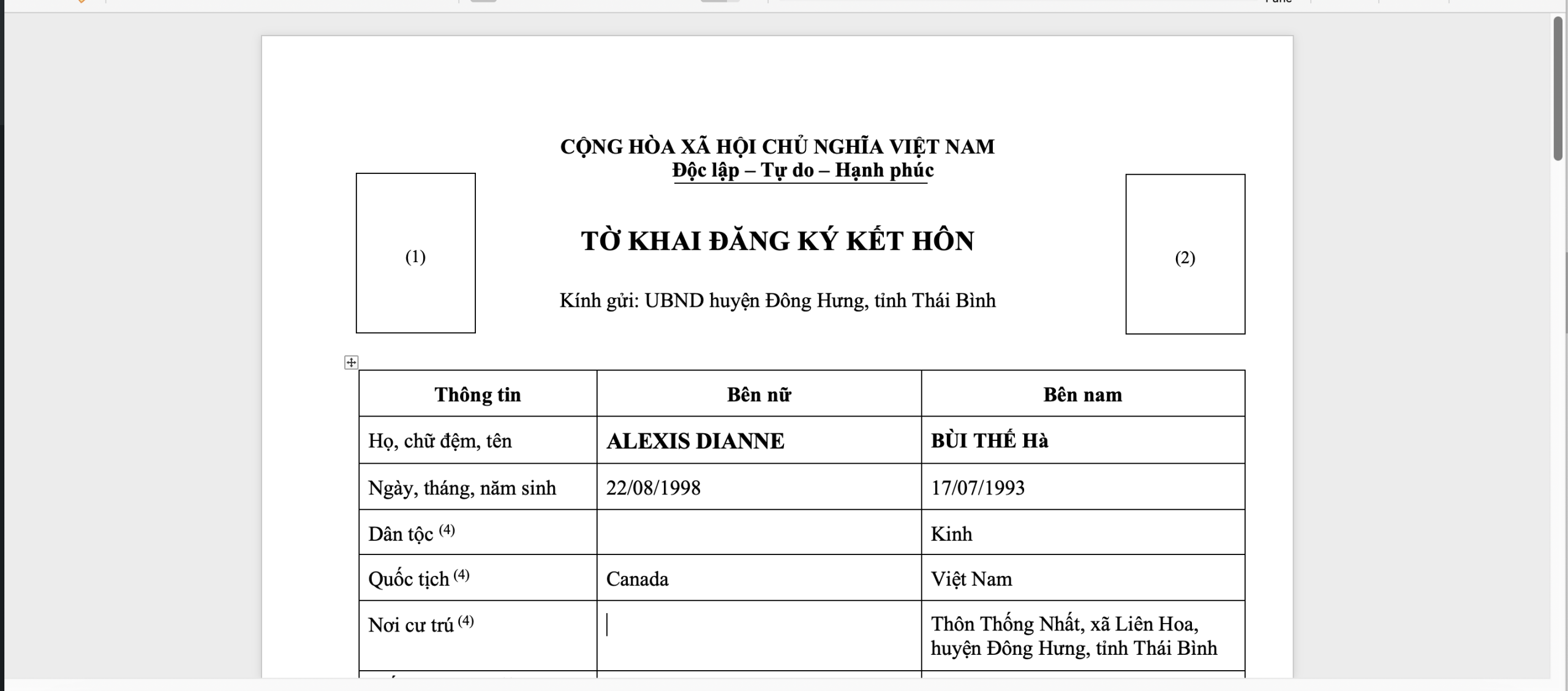 Tờ khai đăng ký kết hôn - Hồ sơ đăng ký kết hôn với người Canada tại Việt Nam