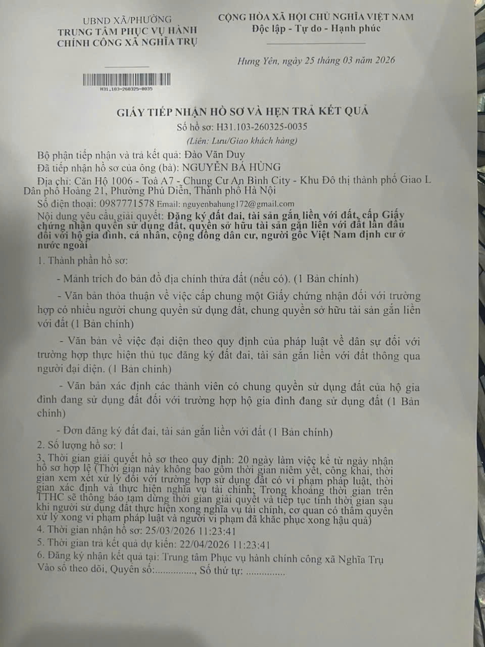 Phiếu tiếp nhận hồ sơ cấp sổ đỏ lần đầu Luật Bảo Nam | Hướng dẫn cấp sổ đỏ lần đầu